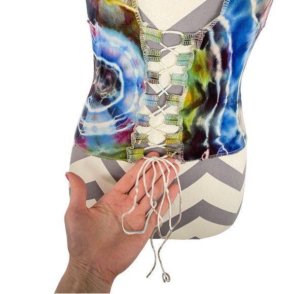 Handmade Geode Tie Dye Tank Top Halter Womens Small Ribbed Shirt Blue Upcycled - Picture 6 of 11